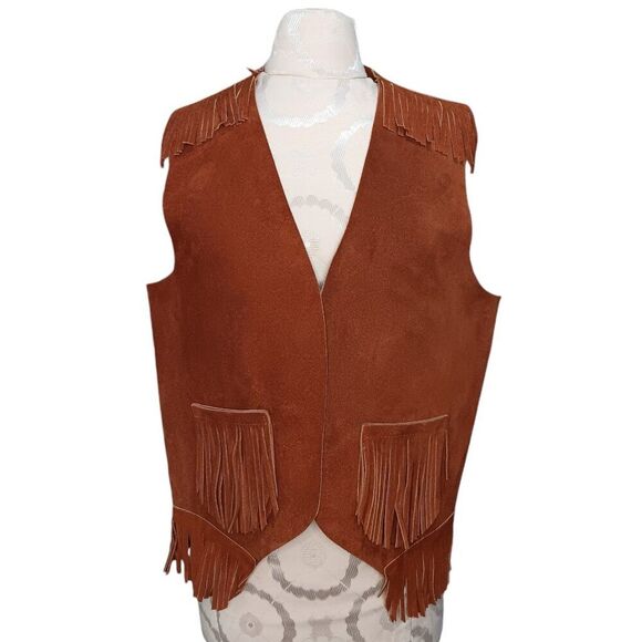 Vintage Brown Suede Leather Fringe Southwest Cowboy Boho Vest Size Large - Picture 1 of 13